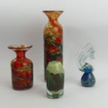 Two Mdina strap work glass vases, a squat vase and a seahorse paperweight. UK Postage £16.