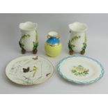 A pair of Minton Lily of the Valley vases, a turquoise and lemon example and two hand painted Minton