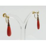 A pair of 9ct gold coral drop earrings, 1.8 grams, 25mm long. UK Postage £12.