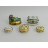 Limoges porcelain duck design hinged trinket box, a floral example along with three hinged enamel