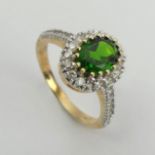 9ct gold chrome diopside and diamond ring, 3.2 grams, 12.1mm wide, Size O. UK Postage £12