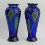 Signed pair of Okra iridescent art glass vases by Dave Barras, 22cm high, UK Postage £16.