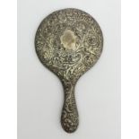 A large silver hand mirror, Birmingham 1908, 28.5cm x 16.5cm. UK Postage £14.