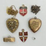 A small box containing two gold back and front lockets, two chains, two shields and a gold mount. UK