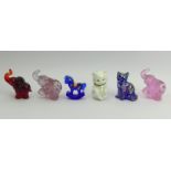 Three Fenton glass elephants, two cats and a rocking horse, 10cm high. UK Postage £14.