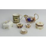 Royal Crown Derby Imari porcelain bird jug and two trinket boxes along with a Minton trinket box, an