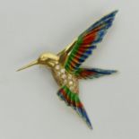 18ct gold diamond and enamel Humming Bird design brooch, 7.1 grams, 45mm long. UK Postage £12.