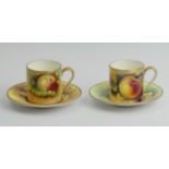 Two Minton Bone China hand painted soft fruit cups and saucers, Peach and Apple each piece signed by