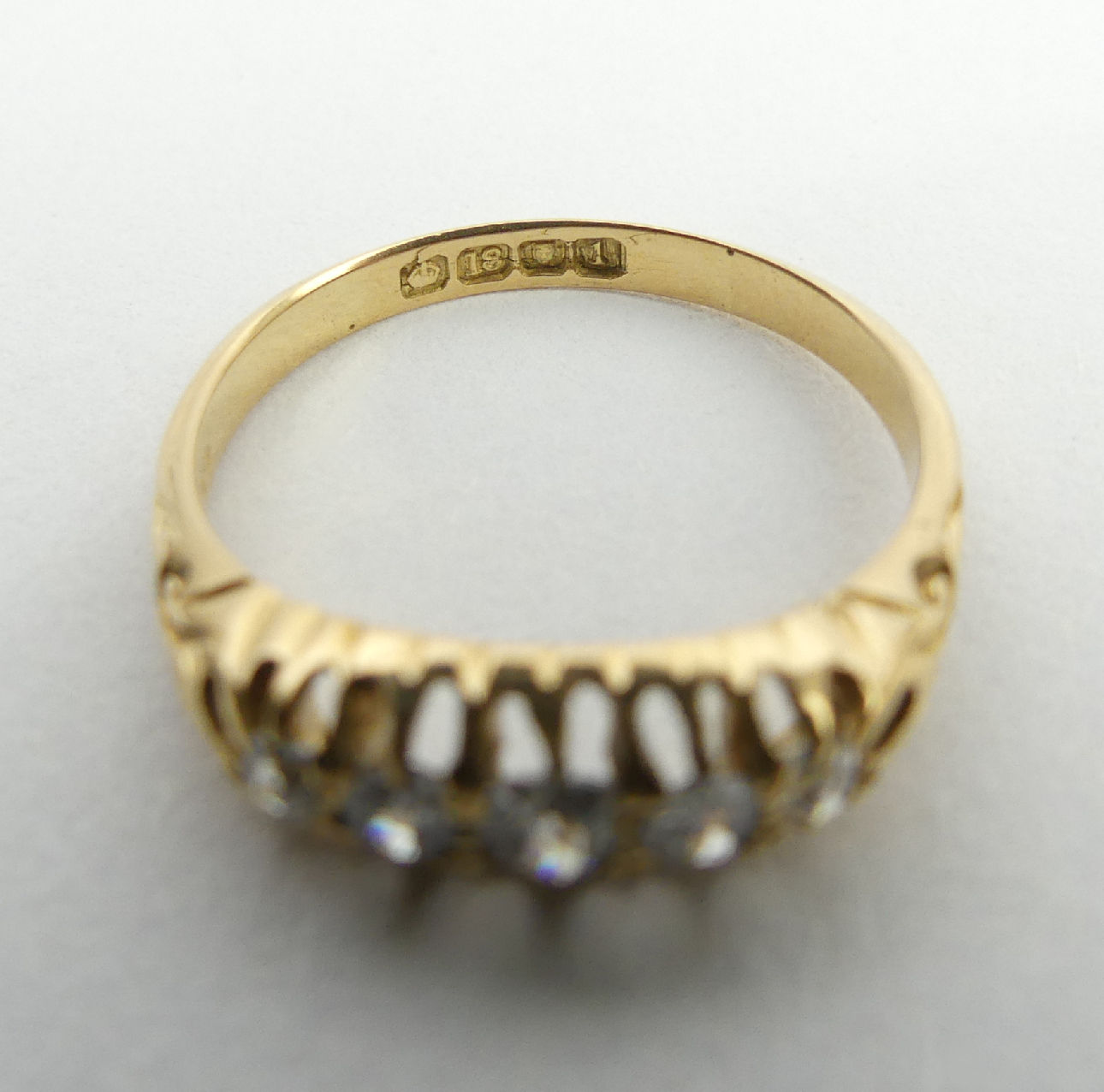 Edwardian 18ct gold five stone diamond ring, London 1906, 2.9 grams, 5.6mm, size M1/2. UK postage £ - Image 6 of 6