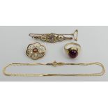 Two 9ct gold stone set brooches, a 9ct gold chain, and a 9ct gold signet ring Size M, 11.5 grams