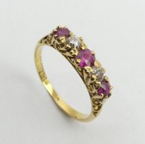 A gold and ruby five stone ring, Birm. 1902, 2.7 grams, 4.6mm, size M. UK Postage £12.