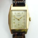 J.W. Benson 9ct gold gents manual wind watch, Birm. 1955, 37 x 28mm. UK Postage £12. Condition