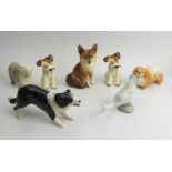 Four Sylvac pottery dogs, a Coopercraft fox, a Nao duck and an old English sheep dog, fox 16cm. UK