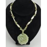 Chinese jade and pearl necklace, C. 1920, flower 50mm diameter, necklace 43cm. UK Postage £12.