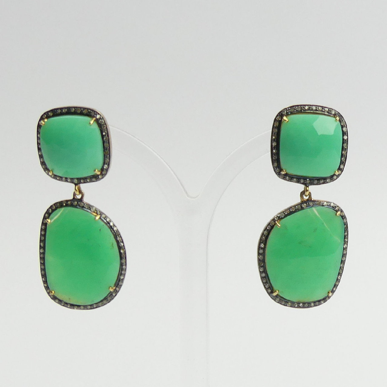 A pair of gold and silver green agate and diamond drop earrings, 10.7 grams, 42mm. UK Postage £12 - Image 2 of 4