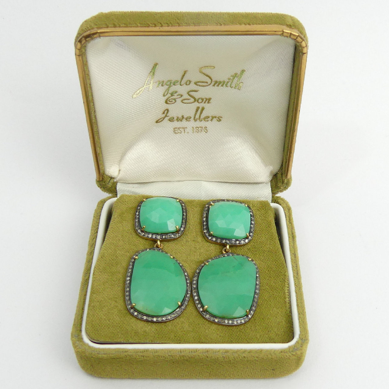 A pair of gold and silver green agate and diamond drop earrings, 10.7 grams, 42mm. UK Postage £12 - Image 4 of 4