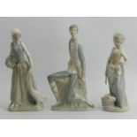 Three Nao porcelain figurines, lady washing, one feeding her goose and a huntsman, 25cm. UK