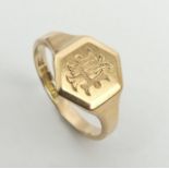 9ct gold rose gold signet ring, Birm. 1926, 4.2 grams, 13.3mm, Size T. UK postage £12.