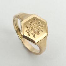 9ct gold rose gold signet ring, Birm. 1926, 4.2 grams, 13.3mm, Size T. UK postage £12.