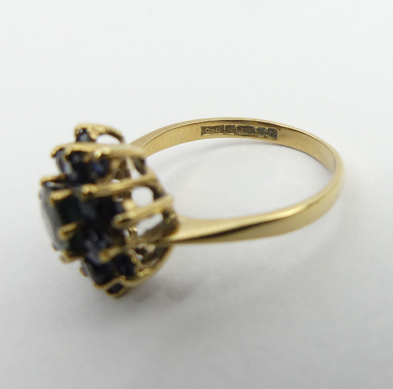 9ct gold sapphire cluster ring, Birm. 1980, 3.4 grams, 14mm, size Q. UK postage £12 - Image 6 of 6