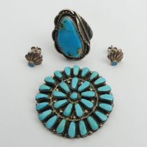 Native American sterling silver and turquoise brooch, ring and earrings, 19.1 grams, brooch 36cm,