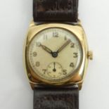 Gents 9ct gold wristwatch on a leather strap, Chester 1945, 30mm inc. button. UK Postage £12.