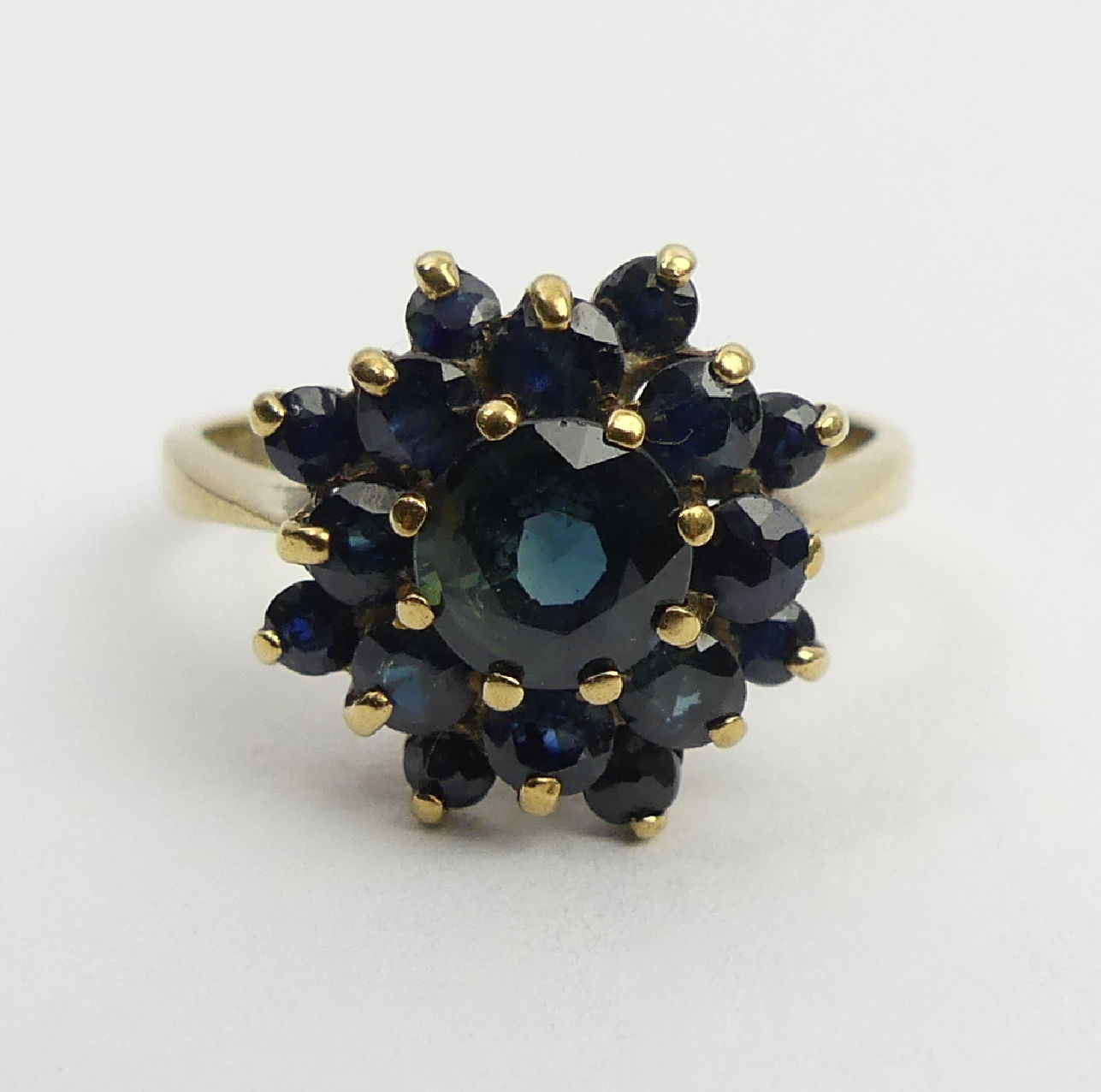 9ct gold sapphire cluster ring, Birm. 1980, 3.4 grams, 14mm, size Q. UK postage £12 - Image 2 of 6