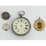 Victorian silver open face pocket watch, silver coin fob, coin brooch and pendant, watch 58 x