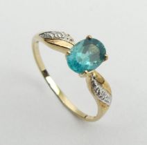 9ct gold blue stone and diamond ring, 1.2 grams, 6.9mm, size N1/2. UK Postage £12.