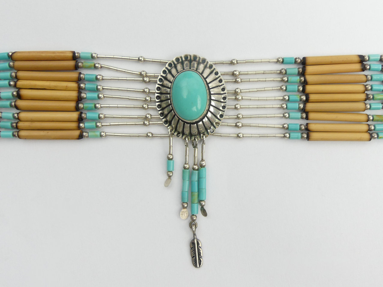 Native American sterling silver, turquoise and reed necklace, 19.4 grams, 39cm x 6cm. UK Postage £12 - Image 2 of 3