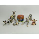Two paisley cats by Cardew, three Goebels cats and a Goebels glass tumbler vase. UK Postage £15.