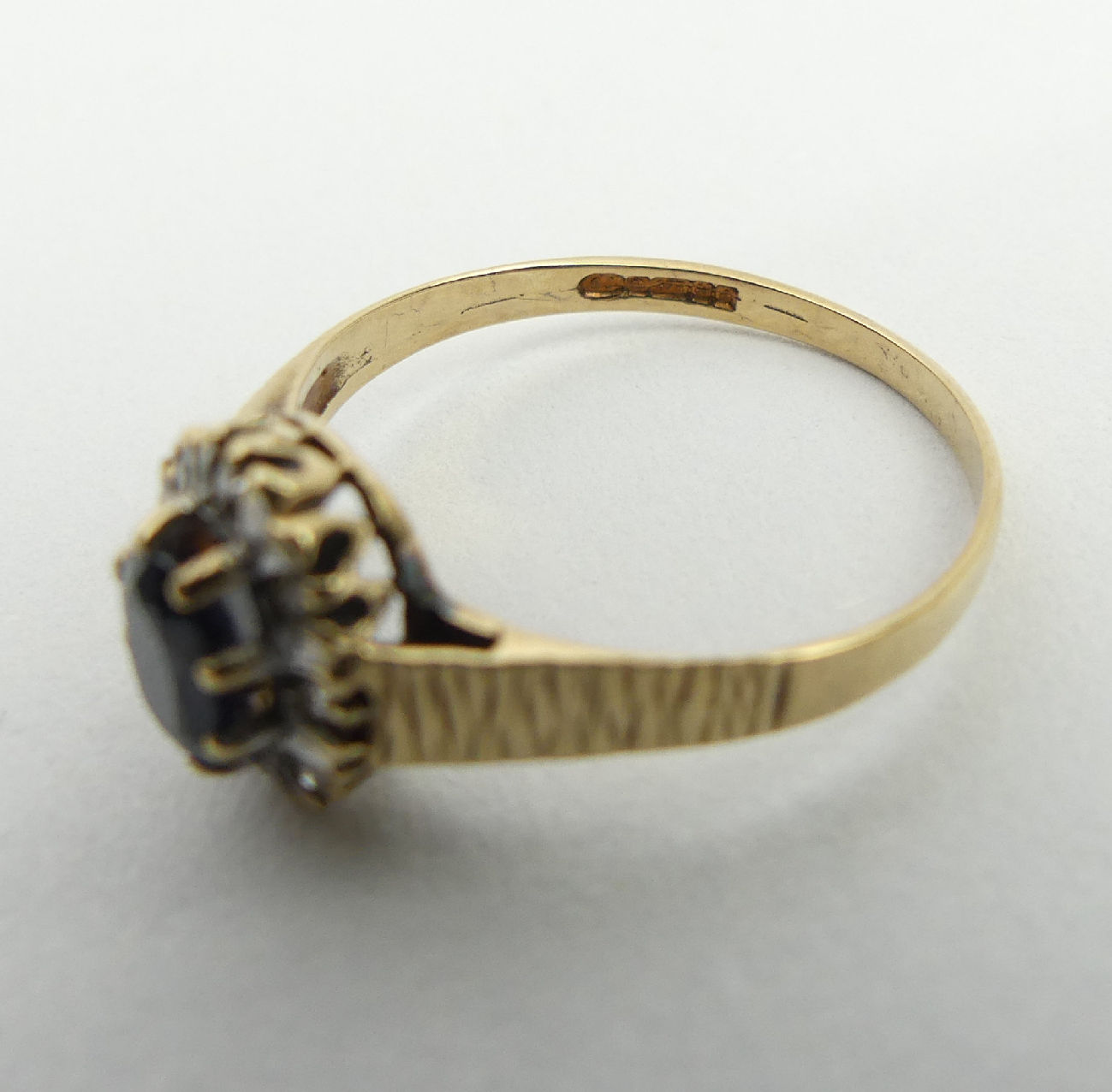 9ct gold sapphire and diamond ring, Birm. 1985, 1.8 grams, 10.2mm, size P1/2. UK postage £12. - Image 6 of 6