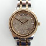 Michael Kors rose gold and stainless steel crystal set, day, date adjust quartz watch, 38mm inc.