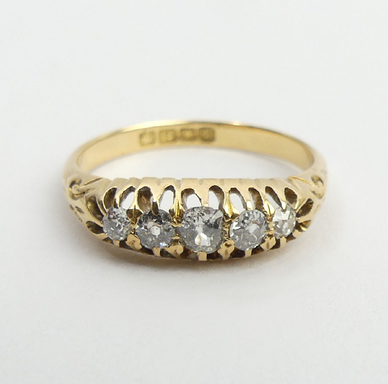 Edwardian 18ct gold five stone diamond ring, London 1906, 2.9 grams, 5.6mm, size M1/2. UK postage £ - Image 2 of 6