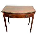 Late Regency bow fronted mahogany inlaid single drawer side table. 88 x 78cm. Collection only