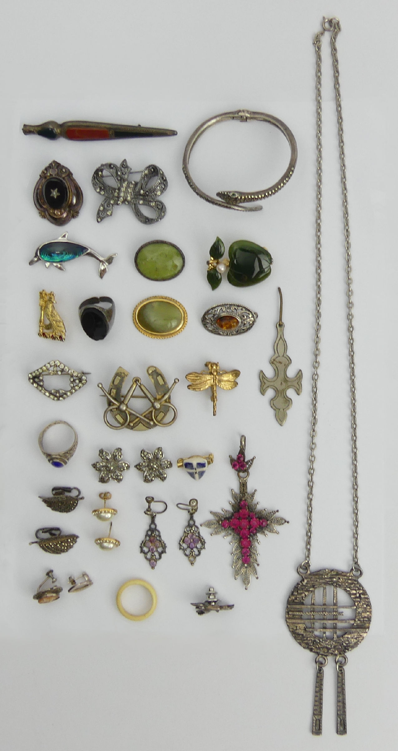 A box of assorted jewellery including a marcasite set snake bangle, marcasite earrings and Victorian - Image 2 of 2