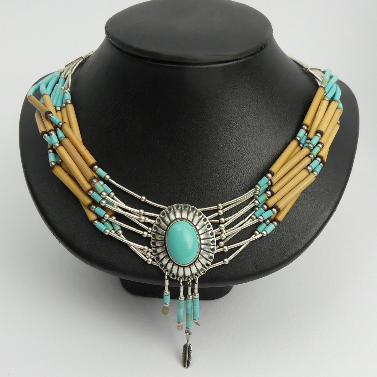 Native American sterling silver, turquoise and reed necklace, 19.4 grams, 39cm x 6cm. UK Postage £12