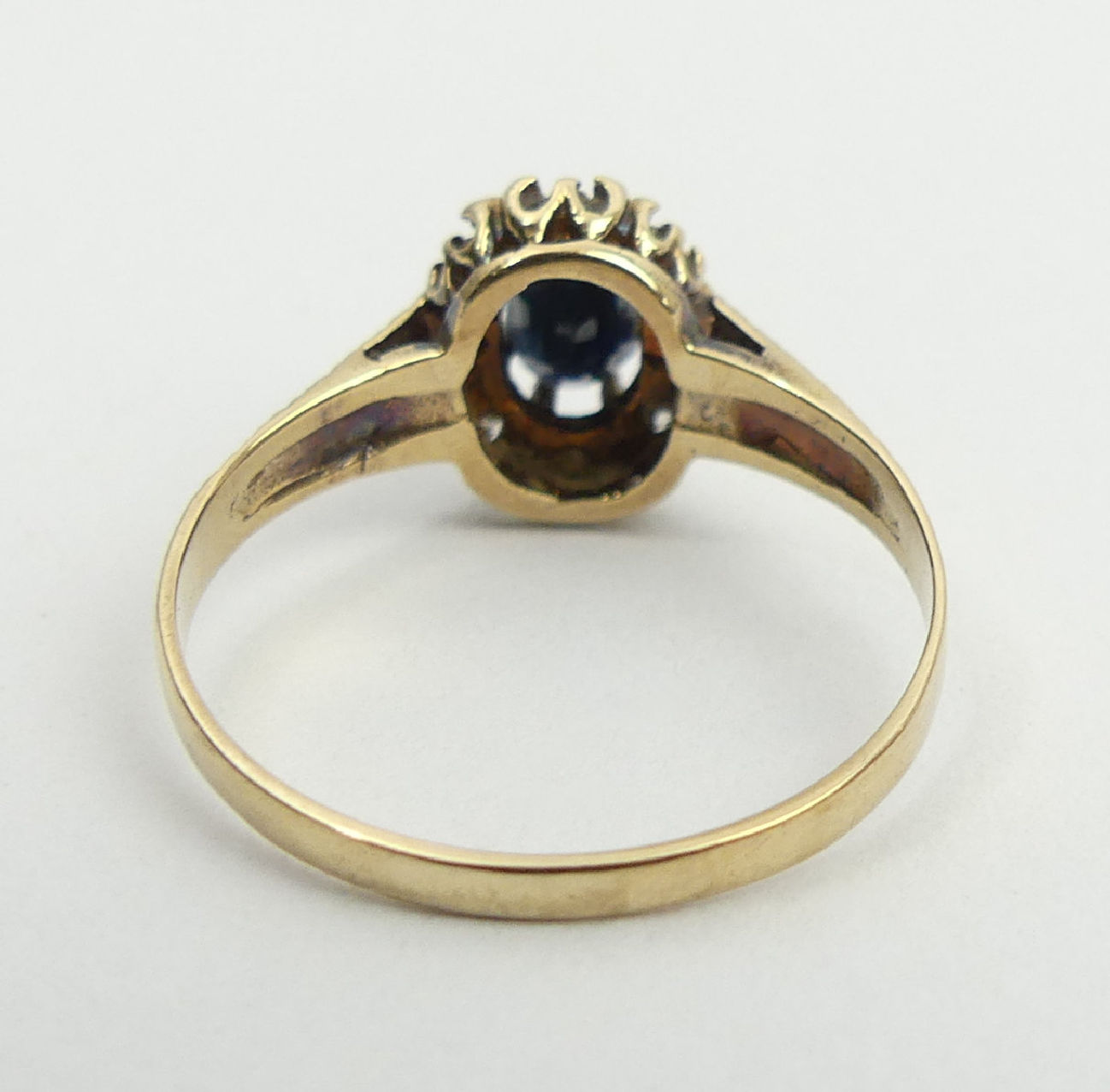 9ct gold sapphire and diamond ring, Birm. 1985, 1.8 grams, 10.2mm, size P1/2. UK postage £12. - Image 5 of 6