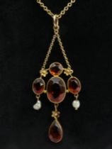 14ct gold citrine and pearl drop pendant and chain, 4.9 grams, chain 41cm, pendant 5.8cm. UK Postage