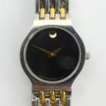 Movado black face bi-metal quartz watch, 24mm inc. button. UK Postage £12.