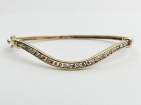 9ct gold wave design diamond set bangle, 9.7 grams, 3mm, UK postage £12.