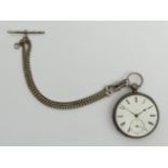 Silver open face pocket watch, London 1929 and a double clip Albert, watch chain, watch 50 x 72mm,