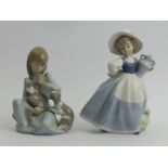 Lladro porcelain figurine girl with a cat and dog and a Nao figure of a girl carrying a pot, 17cm.