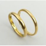 Two 22ct gold wedding rings, 4.7 grams, size L & L1/2, UK postage £12.
