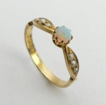 Edwardian 18ct gold opal and seed pearl ring, 1.7 grams, 4.3mm, Size K. UK postage £12