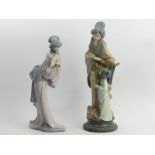 Lladro porcelain figurines of oriental ladies, 38cm & 33cm. UK Postage £20.