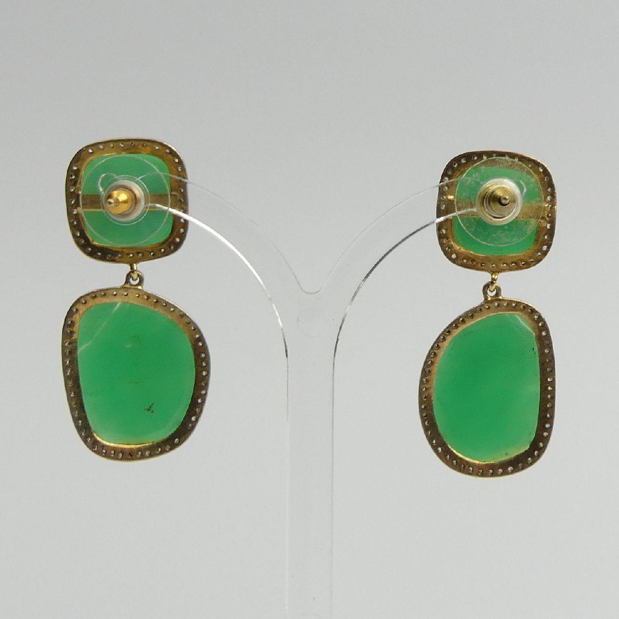 A pair of gold and silver green agate and diamond drop earrings, 10.7 grams, 42mm. UK Postage £12 - Image 3 of 4