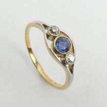 18ct gold sapphire and diamond ring, 2.4 grams, 6.6mm, size P. UK Postage £12.