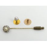 Diamond and cultured pearl stick pin, boxed, and a 9ct gold stud, 4.6 grams gross, stick pin 58mm.