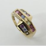 9ct gold multi-coloured gem set ring, 3.4 grams, 11mm, size O1/2. UK Postage £12.